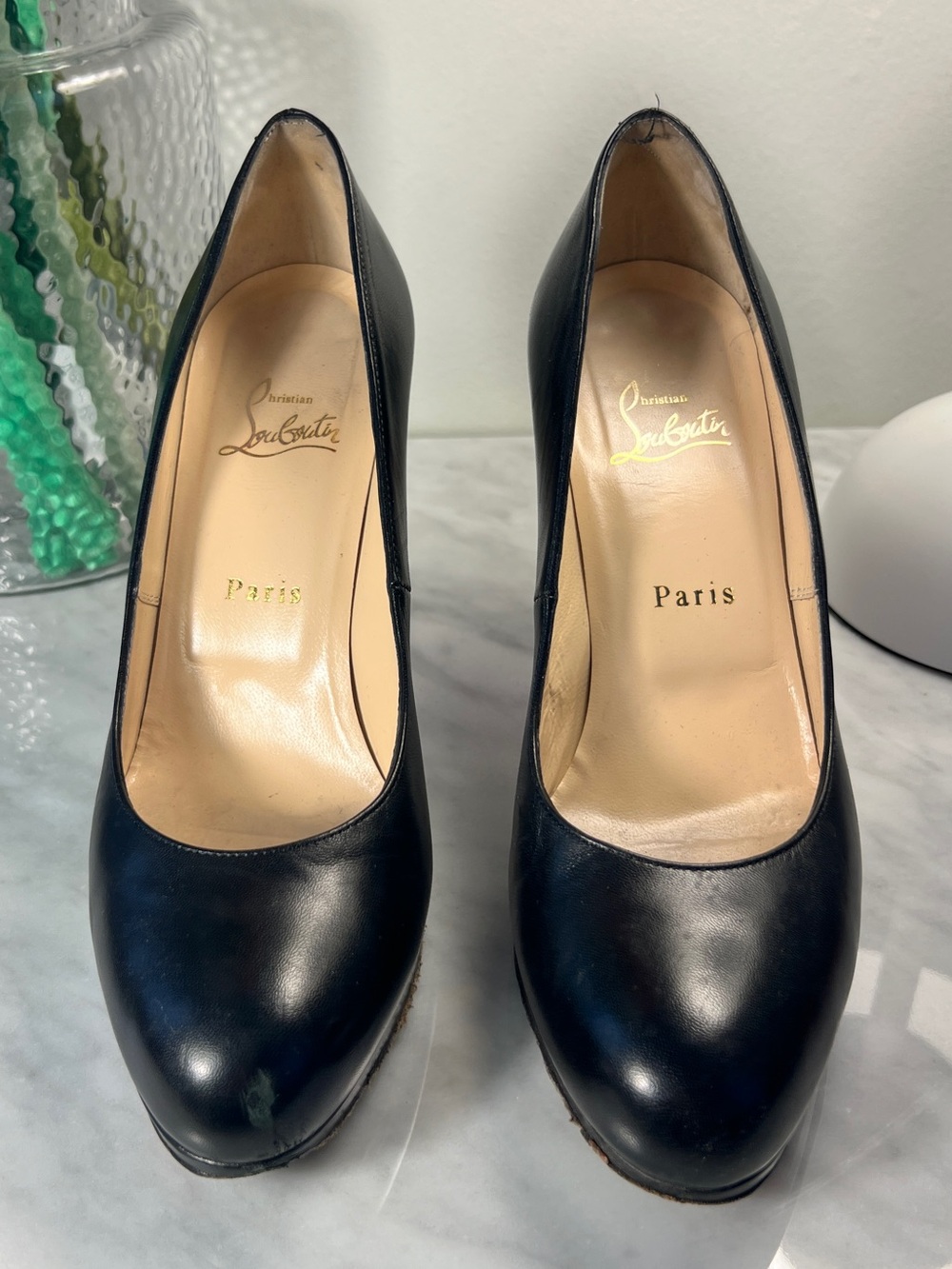 Christian Louboutin Black Leather Platform Pumps Round Toe Heels EU 38.5